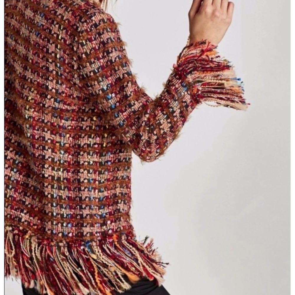 Zara Tweed Jacket Women Large Multicolor NWT Fringe Open Front Boho Chic Blazer - Picture 2 of 9